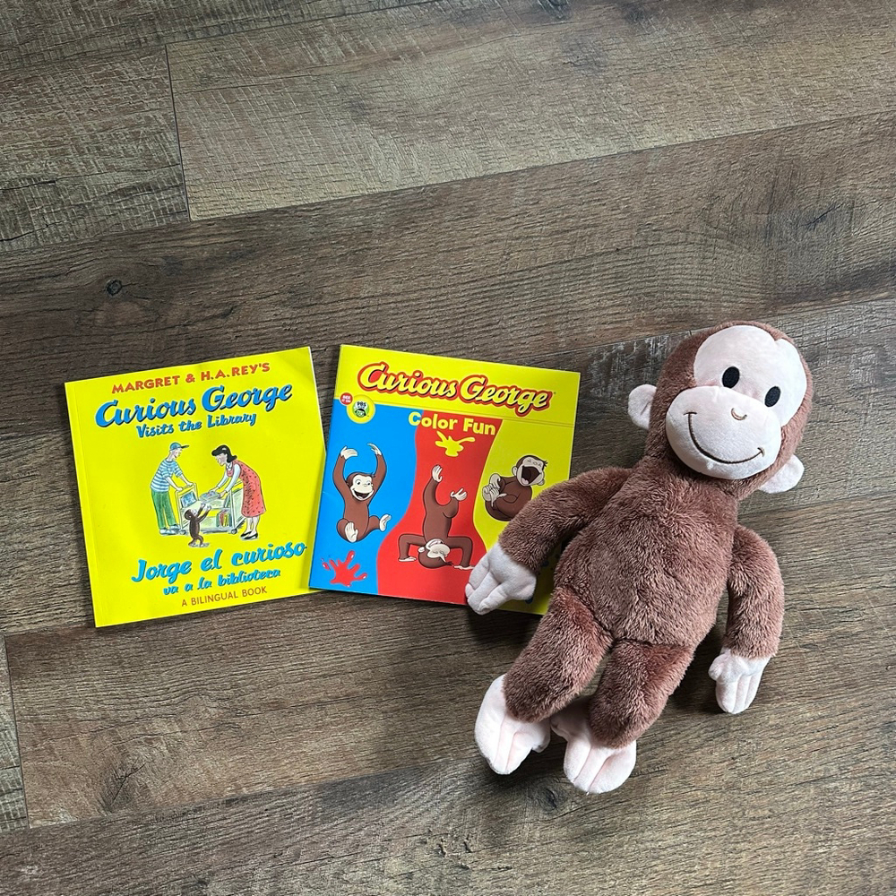 Curious George Kids Bundle – 2 Books (Bilingual Library Visit + Color Fun) with